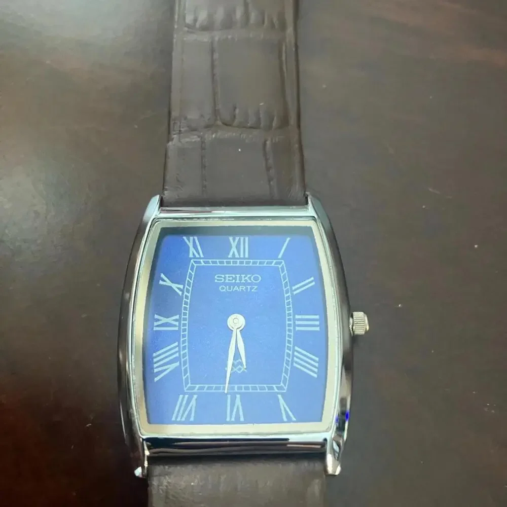 Seiko Blue 33mm Slim Tonneau Barrel Tank Dial with Brown Leather‎ Strap Watch